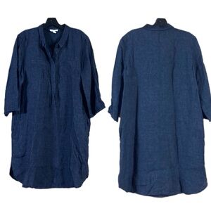Eileen Fisher 100% Linen Popover Shirtdress Tunic Gray 3/4 Sleeves Pockets Med